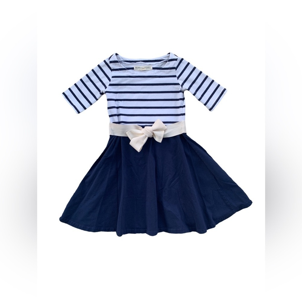 Hope & Henry Size XS, 4, Navy Striped Skater Dress with Bow